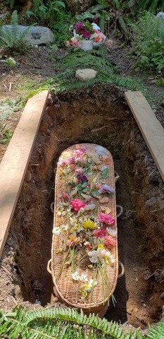 wicker casket in grave